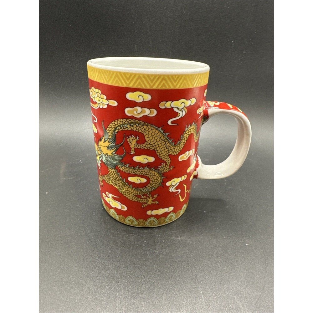 Vtg Oriental Red Coffe Mug Pair Dragons Asian Decor Mug (1)